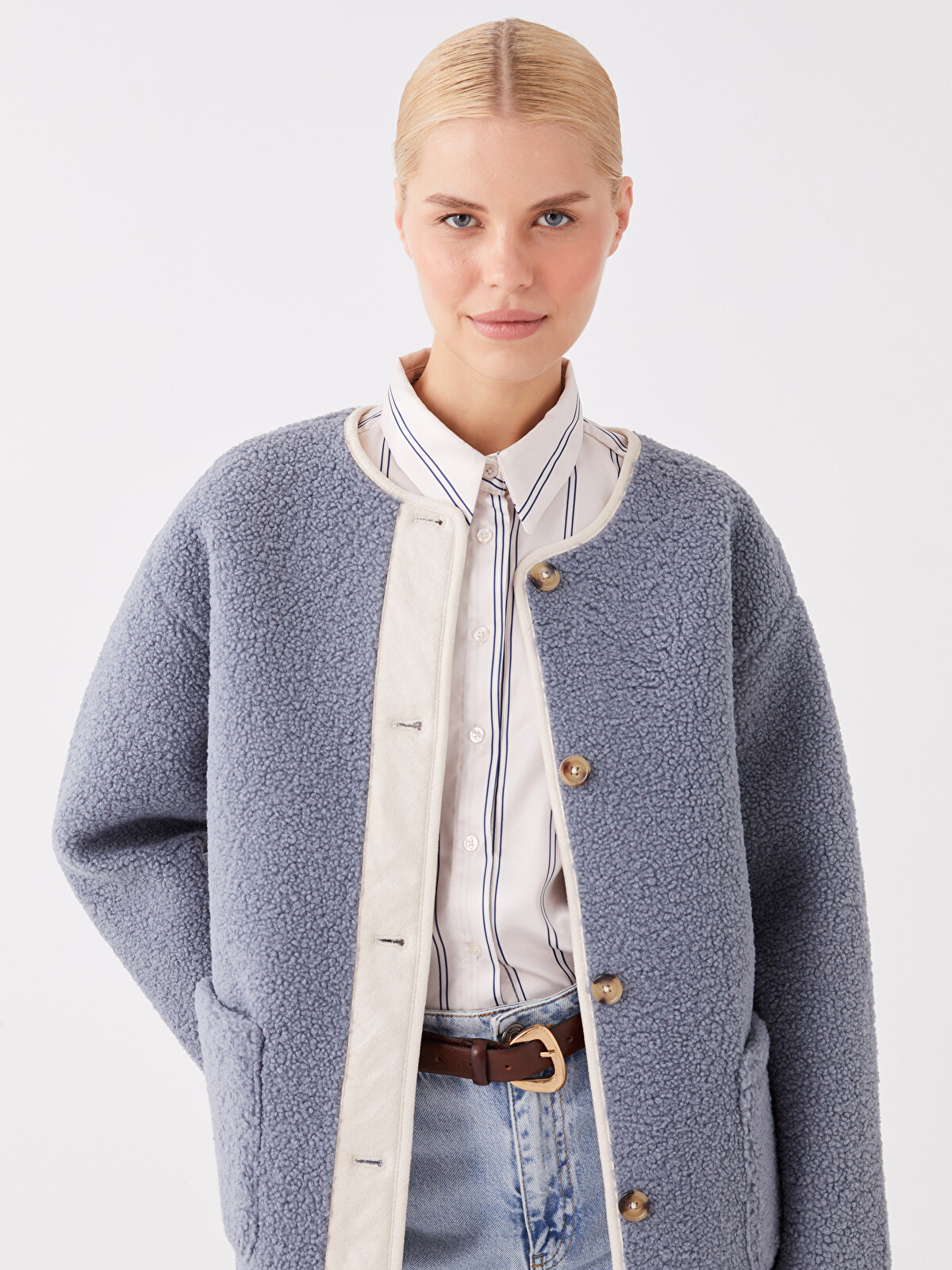 くま LCW Modest Mavi Kadın Bisiklet Yaka Düz Teddy Mont - W3BD93Z8-V67