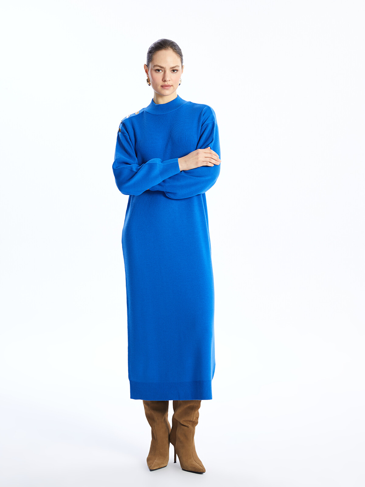 LCW Modest Mavi Yarım Balıkçı Yaka Kadın Triko Elbise - W3CN77Z8
