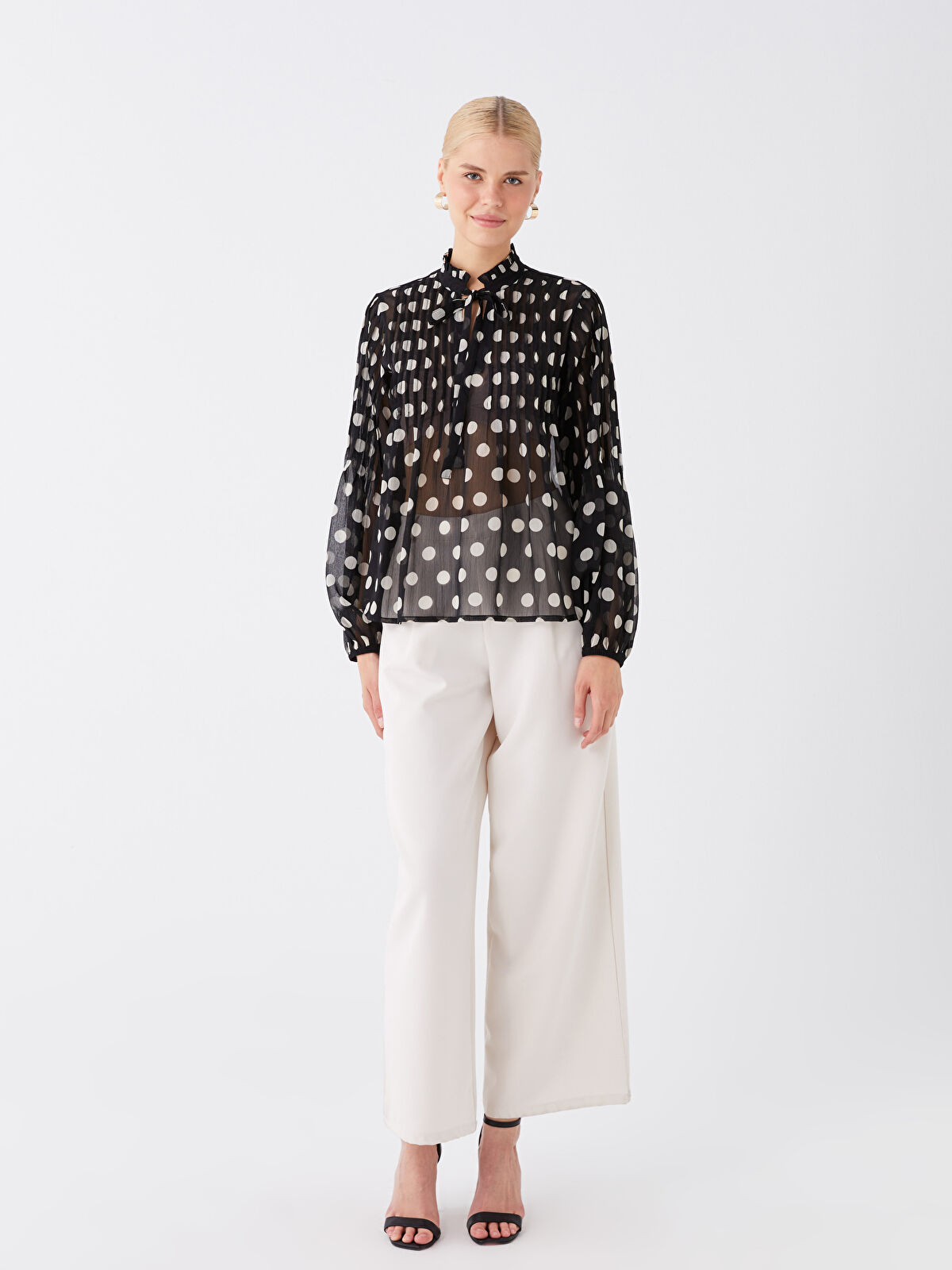 Tie Neck Polka Dot Women's Blouse -W3DJ71Z8-LQJ - LC Waikiki