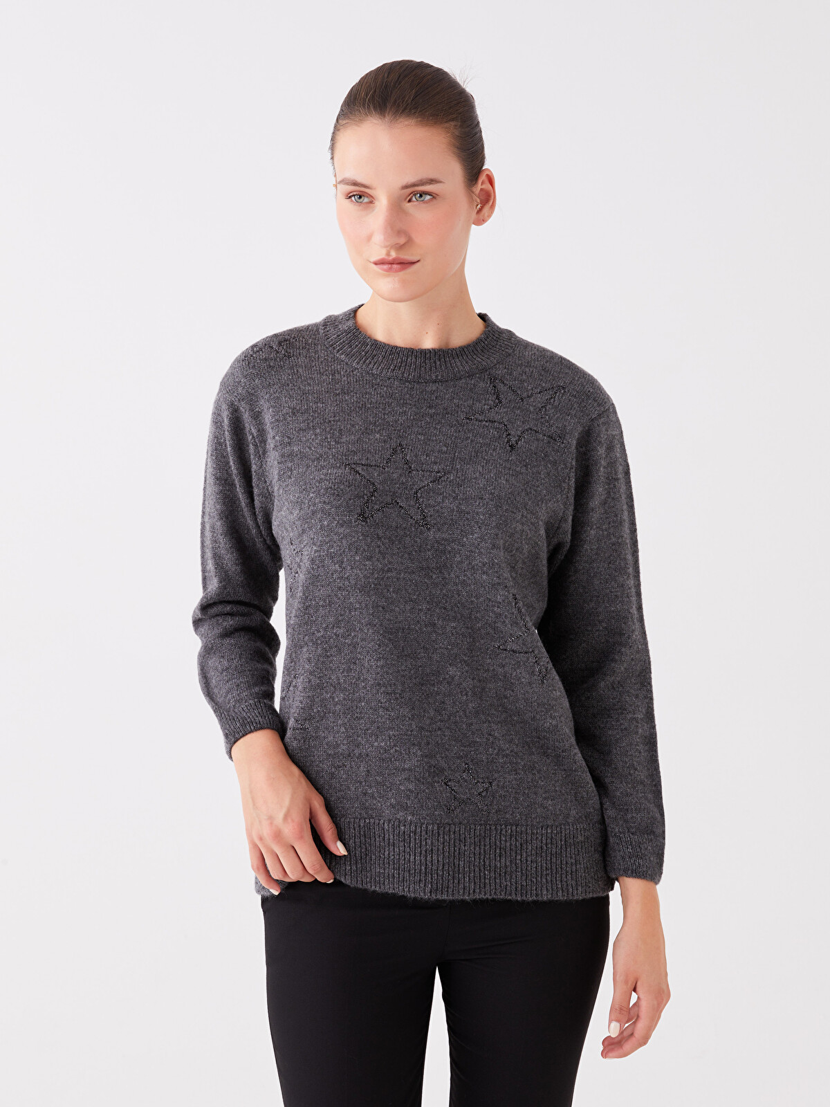 LCWAIKIKI Basic Antrasit Bisiklet Yaka Nakışlı Uzun Kollu Oversize