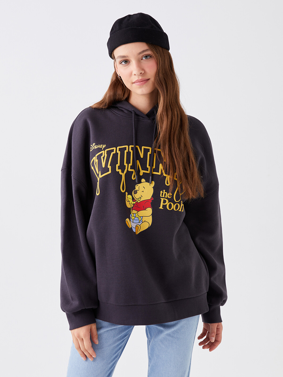LCW Vision Antrasit Winnie the Pooh Baskılı Oversize Kadın Kalın