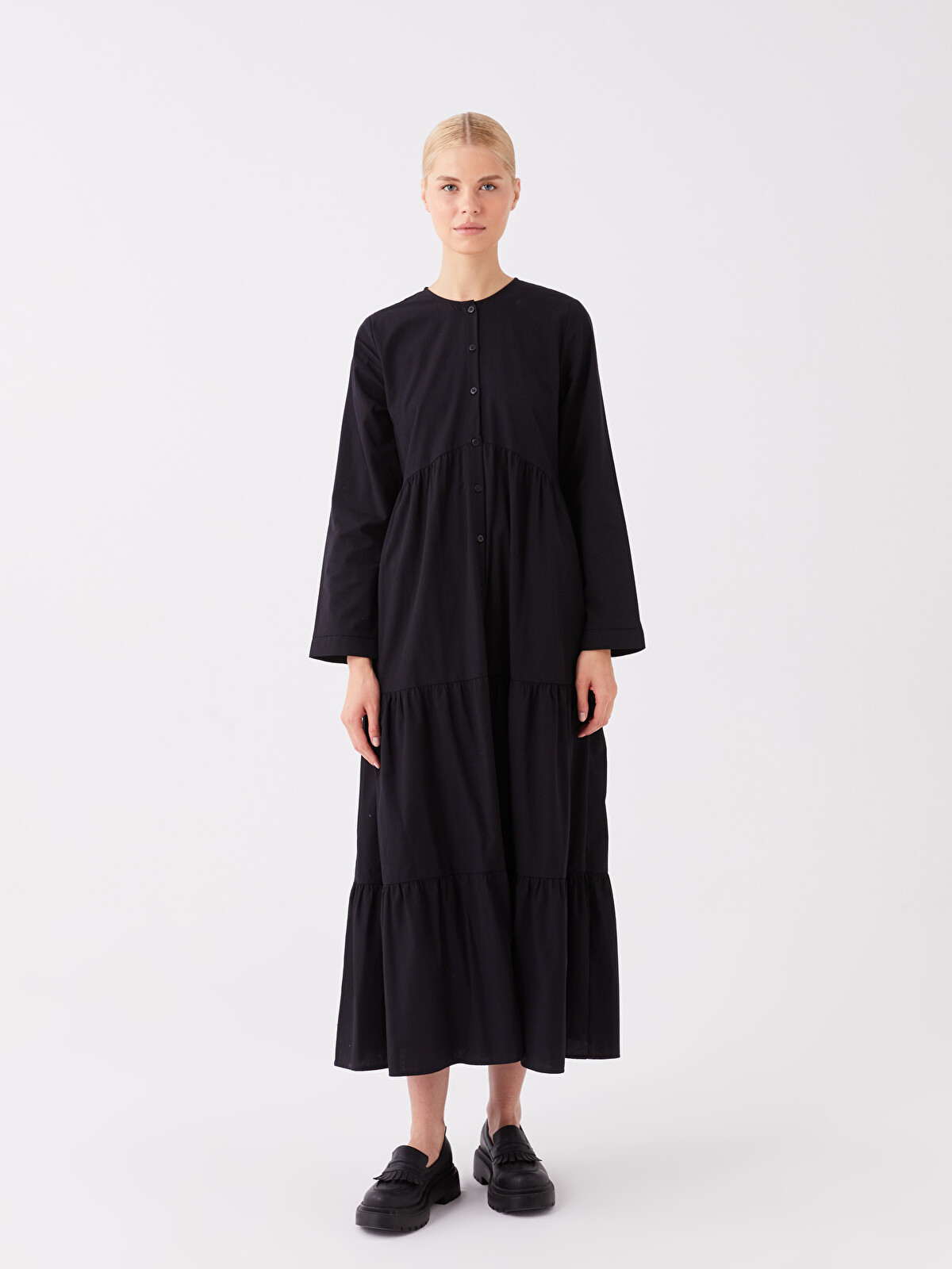 WWD2016〜2018 LCW Modest Siyah Bisiklet Yaka Düz Uzun Kollu Poplin Kadın Elbise