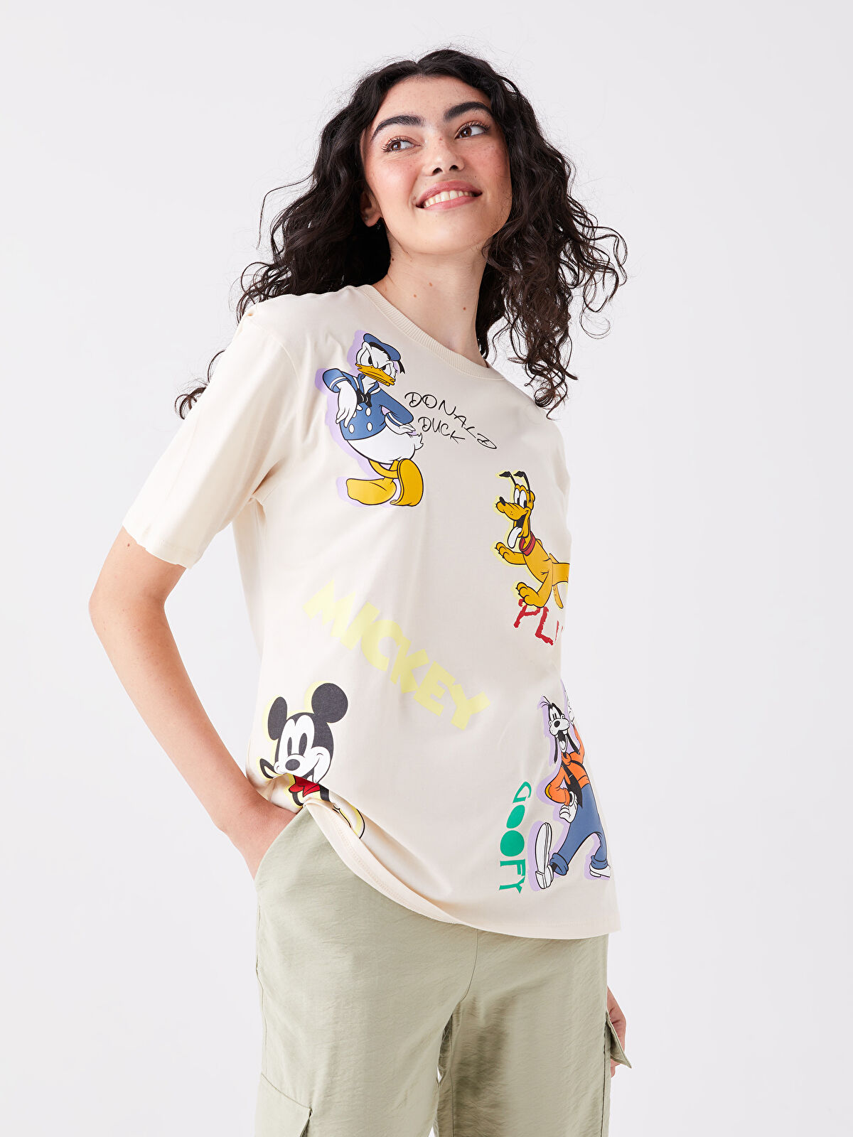 Bej Bisiklet Yaka Mickey ve Arkadaşları Baskılı Kısa Kollu