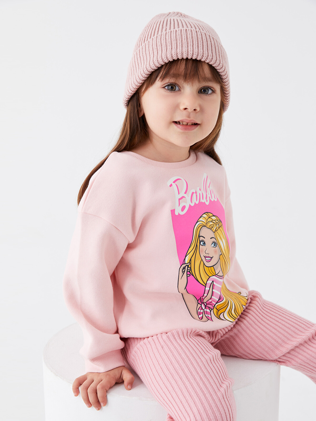 レディースウェア babi2122 LCW baby Pembe Bisiklet Yaka Barbie Baskılı Uzun Kollu Kız Bebek