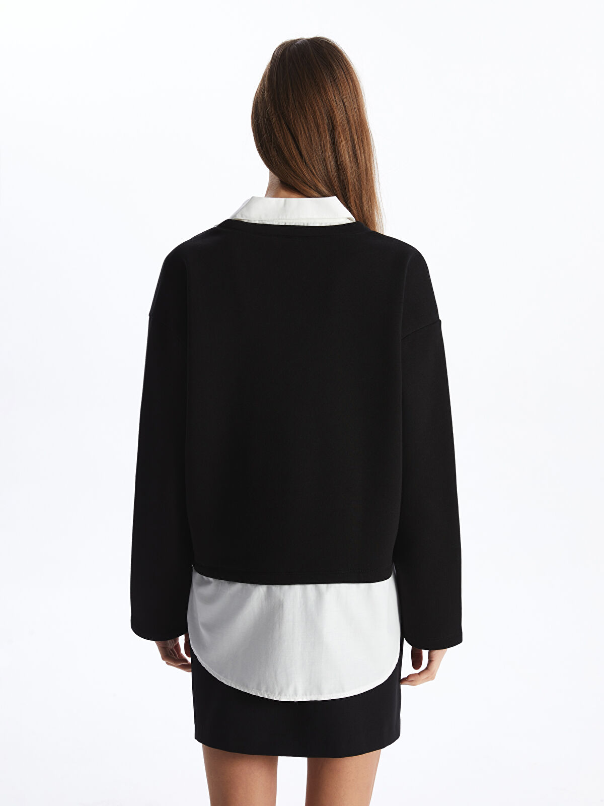 Siyah Gömlek Yaka Düz Oversize Kadın Kalın Sweatshirt