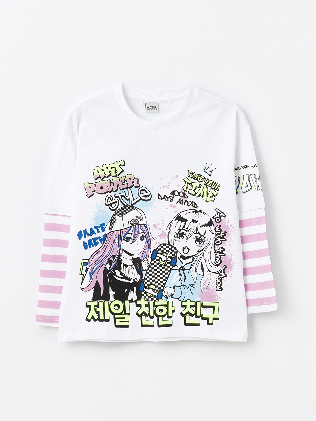 LCW Kids Bisiklet Yaka K-Pop Baskılı Uzun Kollu Kız Çocuk Tişört