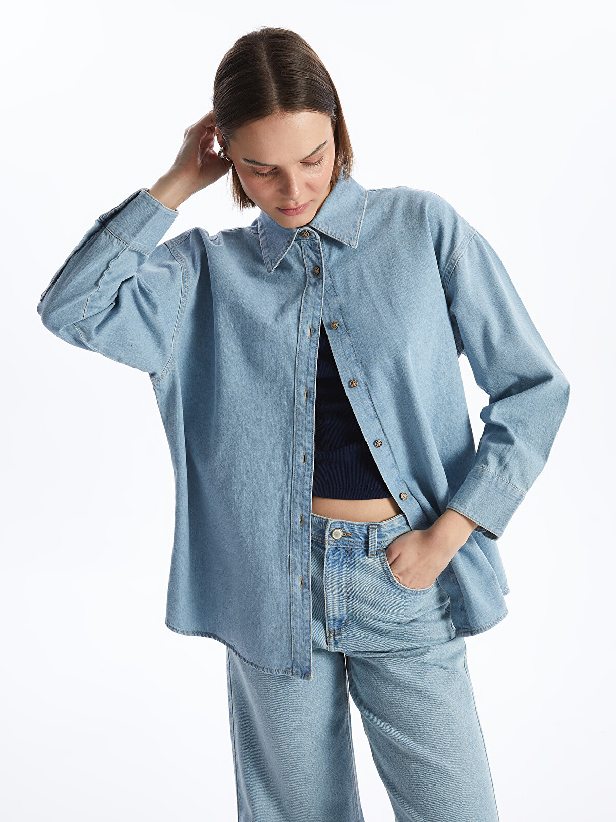 LCW Vision Plain Long Sleeve Oversize Women's Denim Shirt