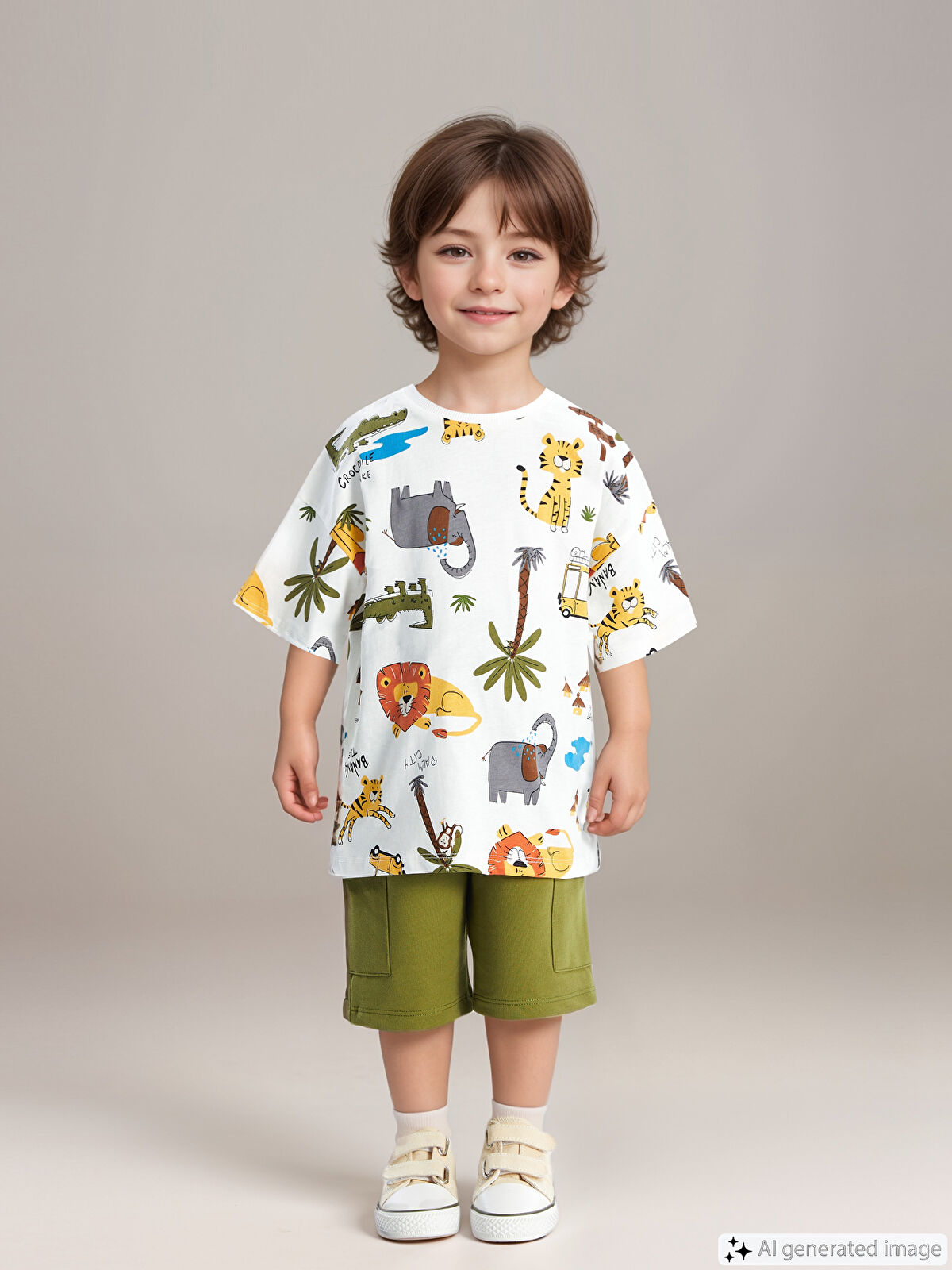 [専用] LCW Kids Ekru Bisiklet Yaka Baskılı Erkek Bebek Tişört ve Şort 2