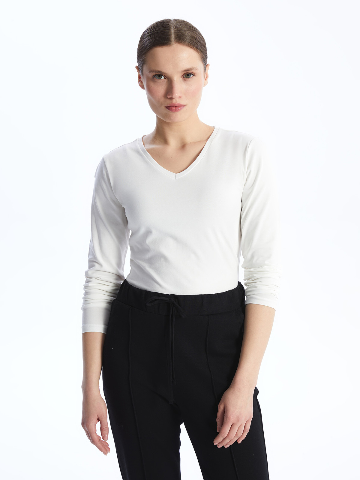 LCW EVERYDAY V-neck Plain Long Sleeve Women's T-shirt - S48275Z8