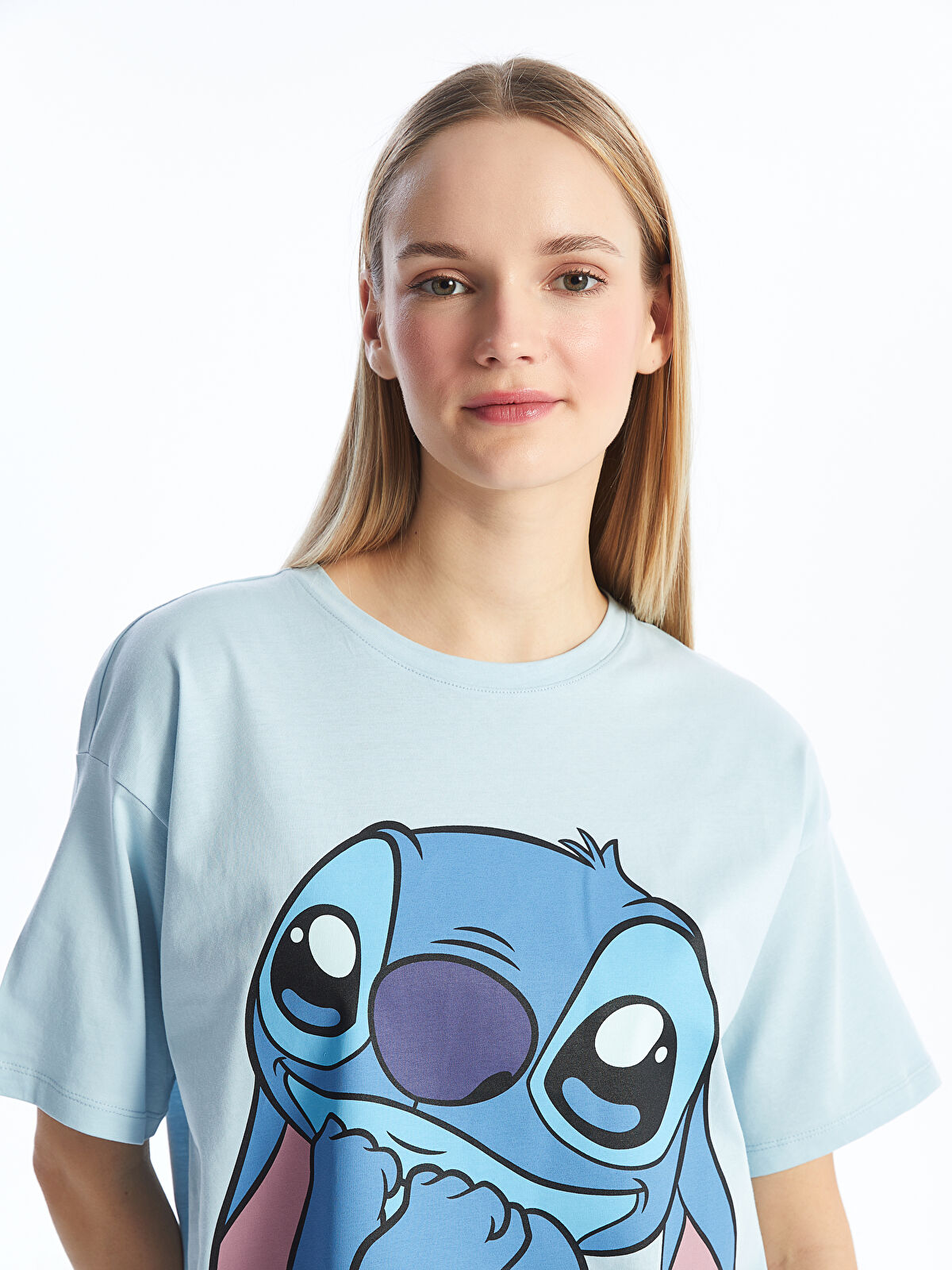 LCW Modest Crew Neck Lilo & Stitch Printed Short Sleeve Oversize