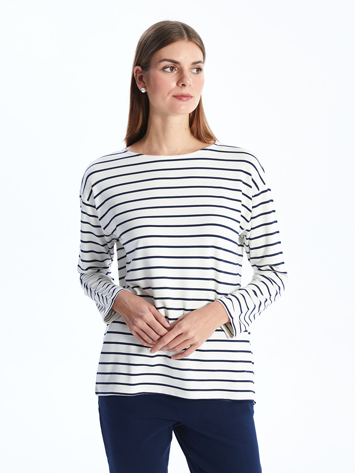 LCWAIKIKI Basic Bisiklet Yaka Çizgili Uzun Kollu Kadın Tişört