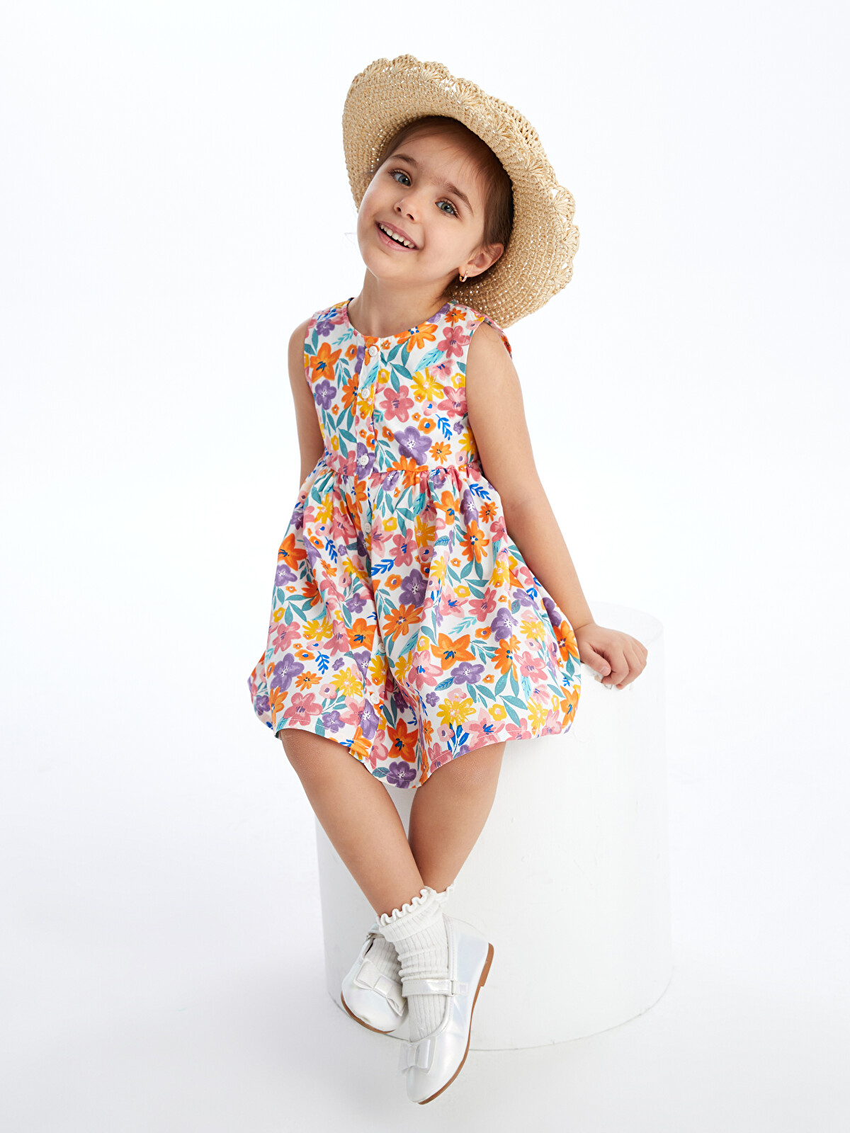 LCW Kids Karışık Bisiklet Yaka Çiçekli Poplin Kız Bebek Elbise