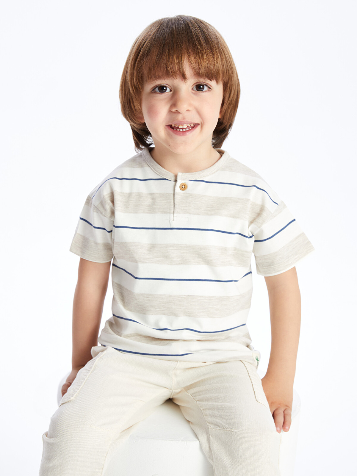 ベジーページ LCW Kids Bej Bisiklet Yaka Çizgili Erkek Bebek Tişört - S4AG45Z1