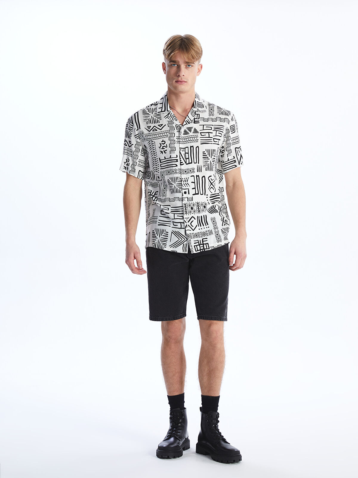 清水商業　半袖　No8 XSIDE Regular Fit Short Sleeve Patterned Viscose Men's Shirt