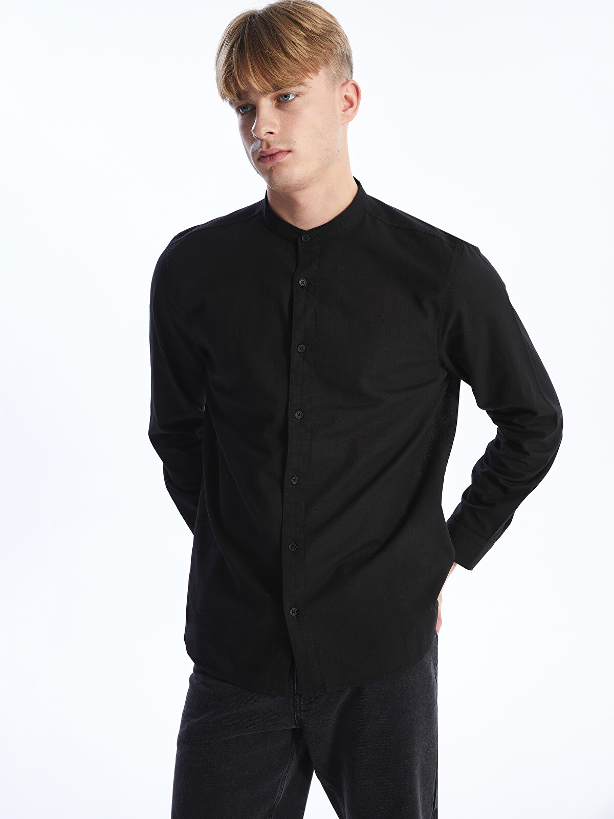 XSIDE Siyah Regular Fit Uzun Kollu Keten Karışımlı Erkek Gömlek