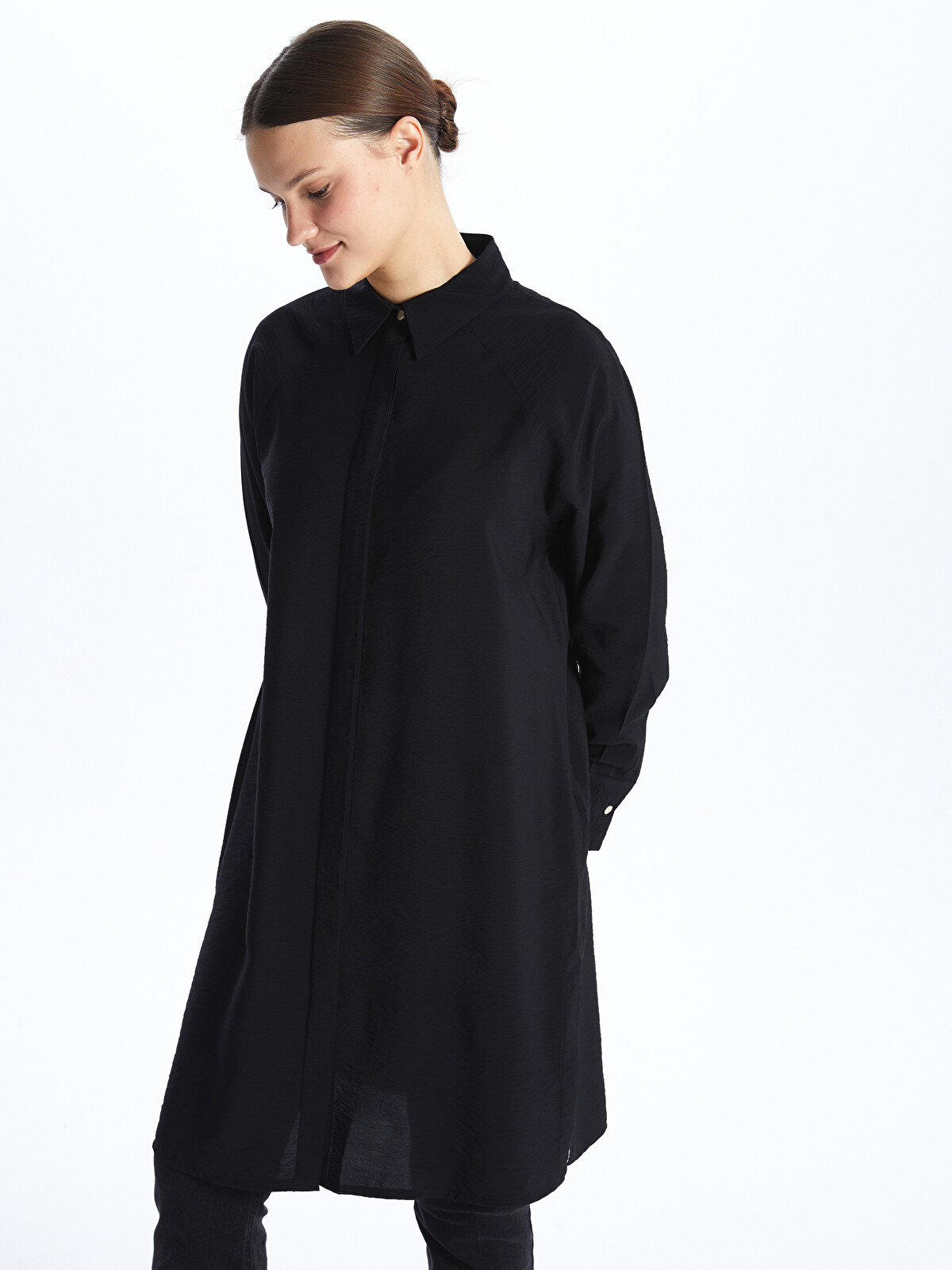 LCW Modest Siyah Düz Uzun Kollu Kadın Gömlek Tunik - S4AS89Z8-CVL