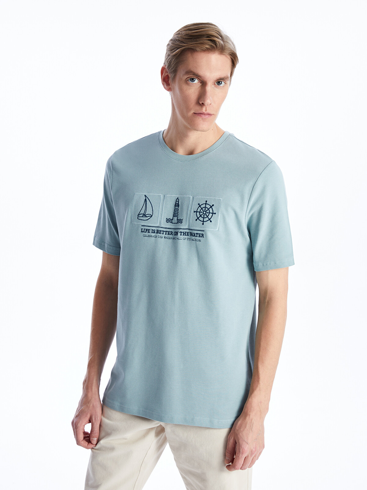 SOUTHBLUE Crew Neck Short Sleeve Embroidered Knitted Men's T-shirt