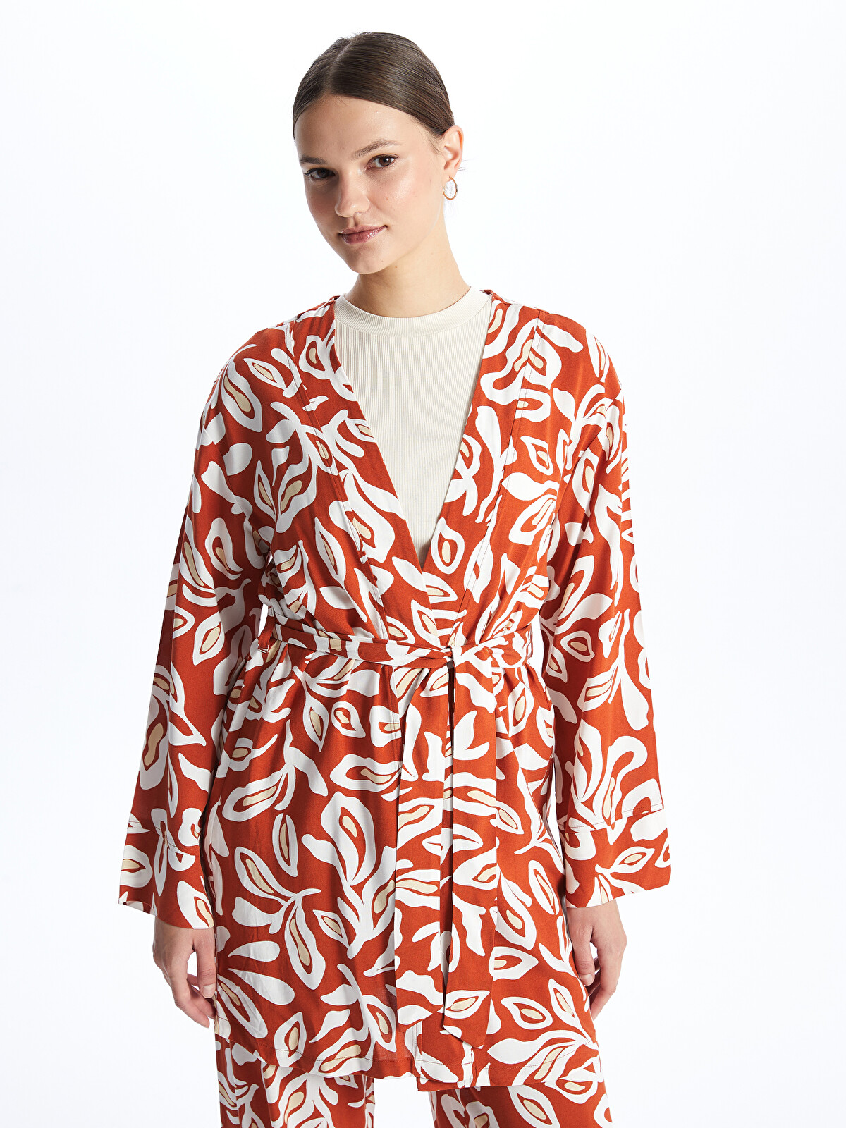 LCW Modest Shawl Collar Patterned Long Sleeve Oversize Women's
