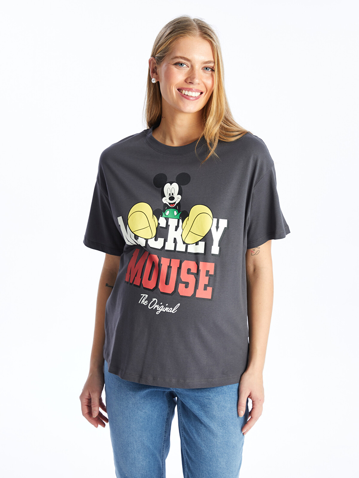 LCWAIKIKI Maternity Gri Bisiklet Yaka Mickey Mouse Baskılı Kısa