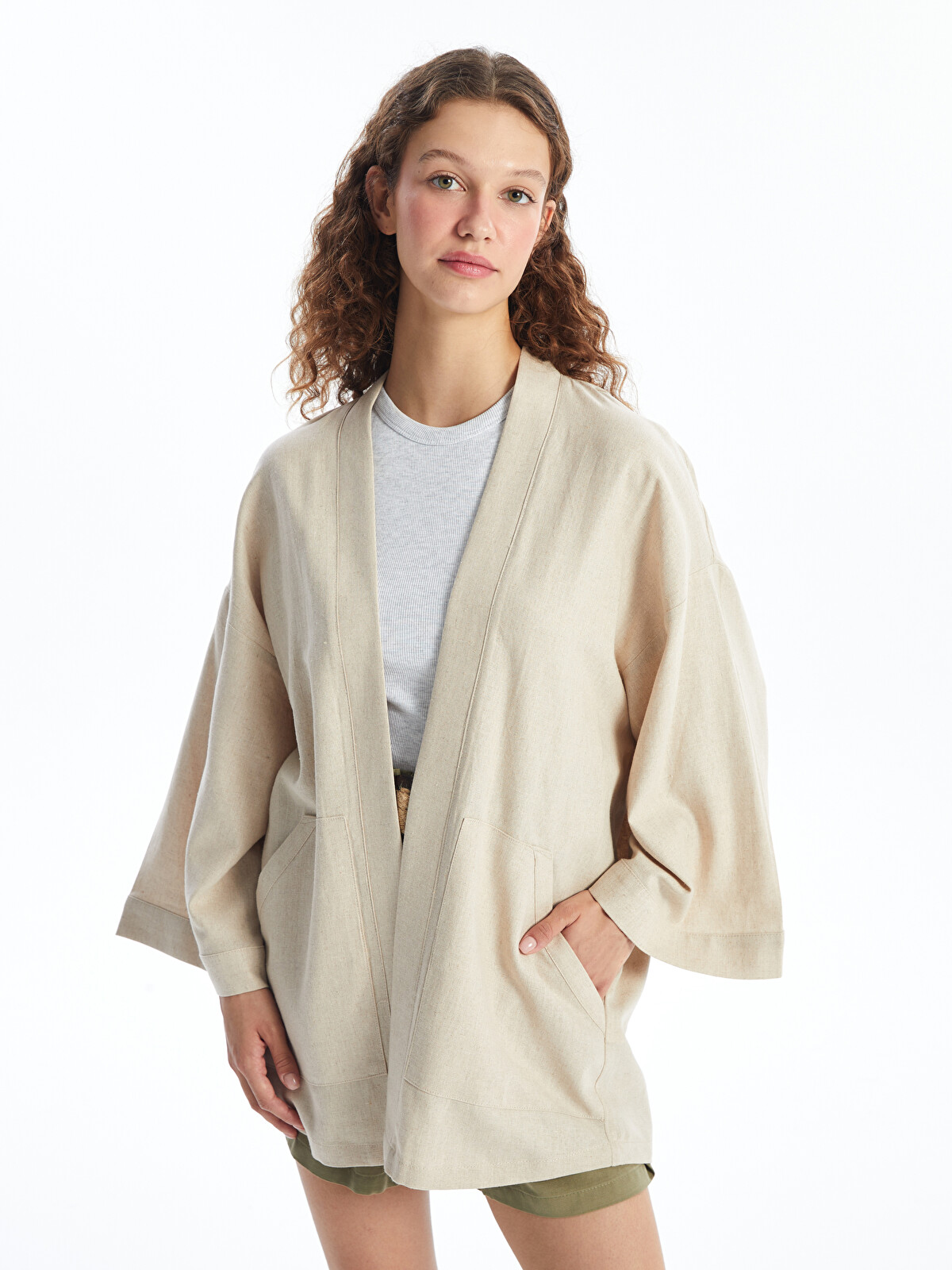 LCW Vision Shawl Collar Oversize Linen Blend Women's Kimono