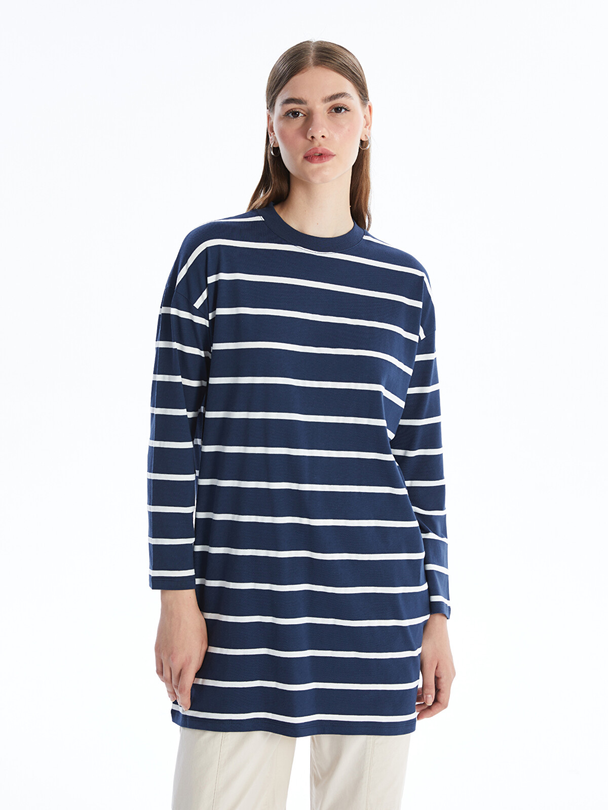 LCW Modest Bisiklet Yaka Çizgili Uzun Kollu Kadın Tunik - S4ER43Z8
