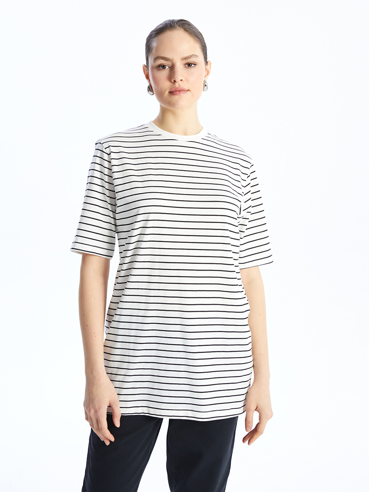 LCW Modest Crew Neck Striped Short Sleeve Oversize Women's Tunic