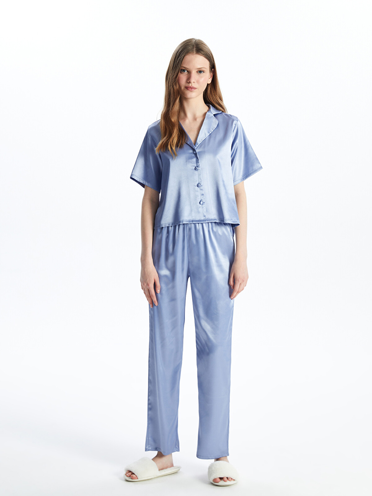 LCW DREAM Shirt Collar Plain Short Sleeve Satin Women's Pyjamas