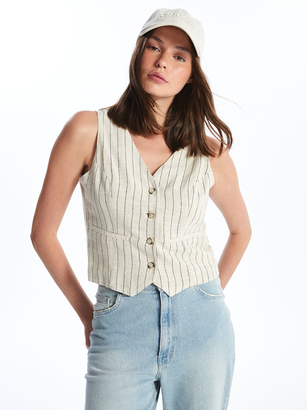 【新品タグ付】UNLIENS v neck gilet ecru XSIDE V-Neck Striped Linen Blend Women's Classic Waistcoat