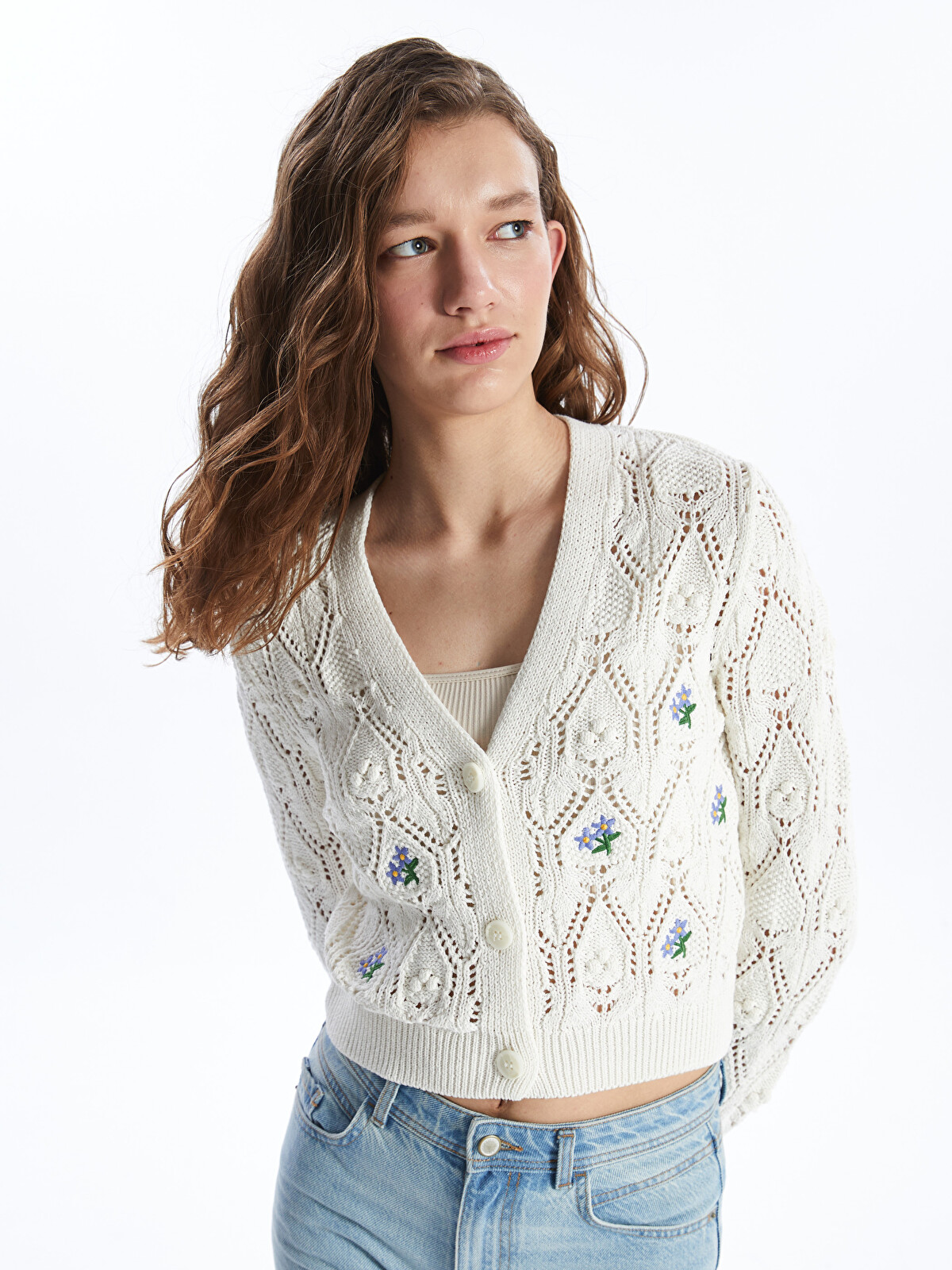 virginis ビーズ カーディガン XSIDE V-Neck Hole-Knitted Long Sleeve Crop Women's Knitwear