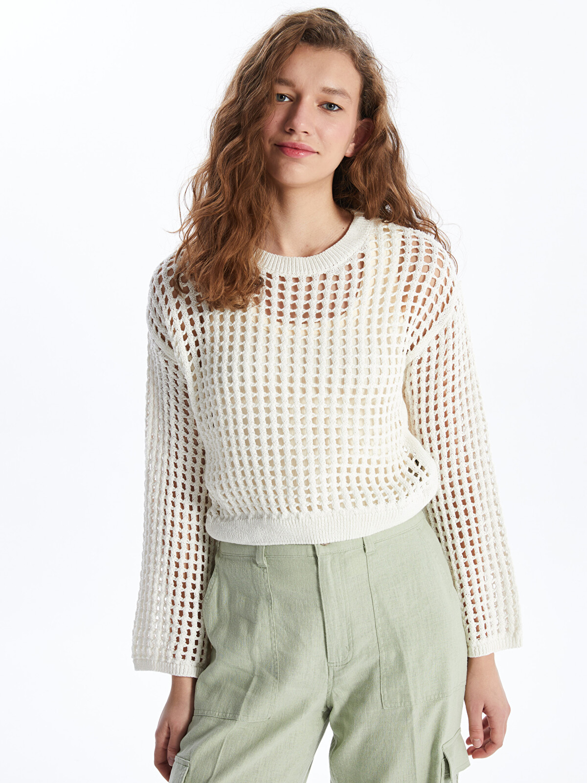 XSIDE Crew Neck Hole-knitted Long Sleeve Crop Women's Knitwear