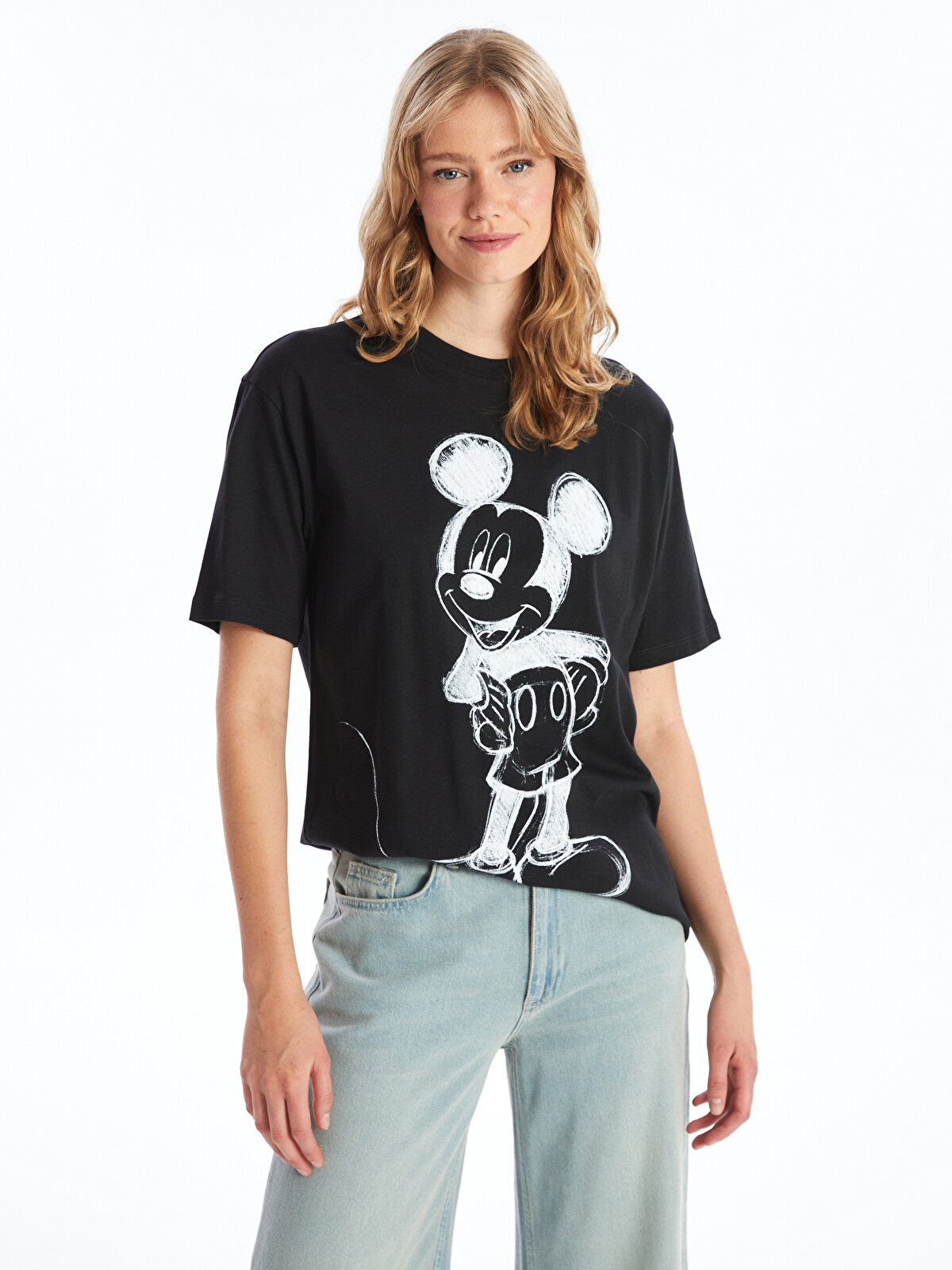 LCW Vision Siyah Bisiklet Yaka Mickey Mouse Baskılı Kısa Kollu