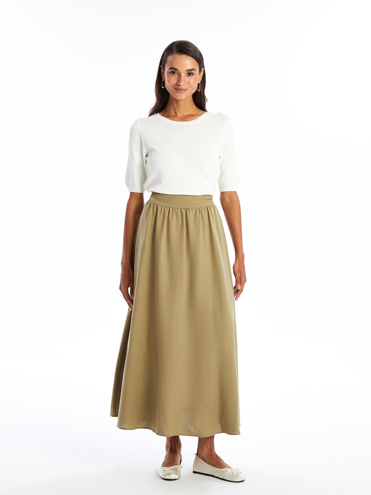 LCW Modest Elastic Waist Plain Linen Blend Women's Flared Skirt