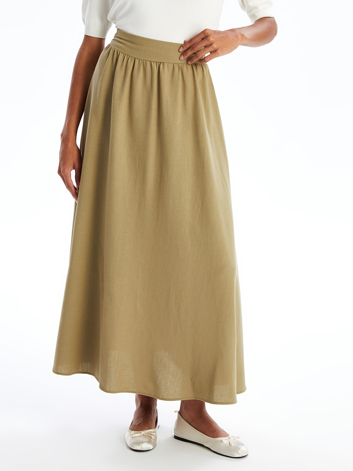 LCW Modest Elastic Waist Plain Linen Blend Women's Flared Skirt