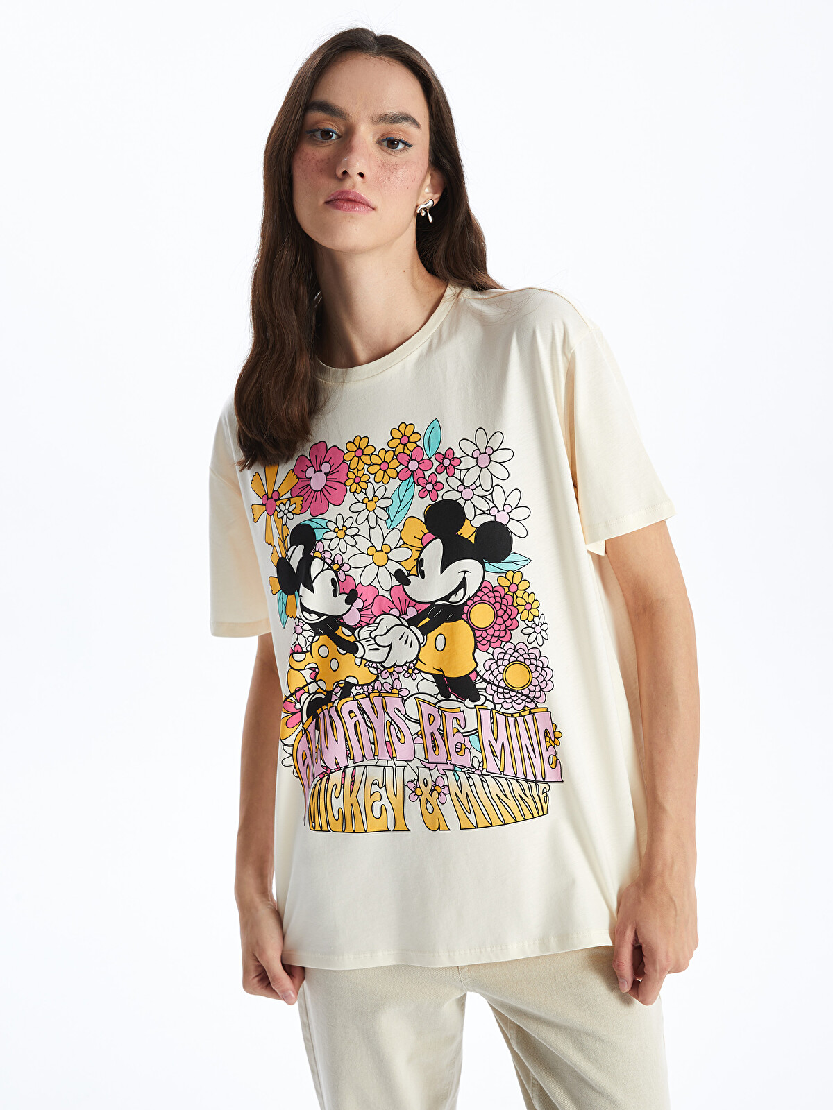 XSIDE Bisiklet Yaka Mickey Mouse Baskılı Kısa Kollu Kadın Tişört