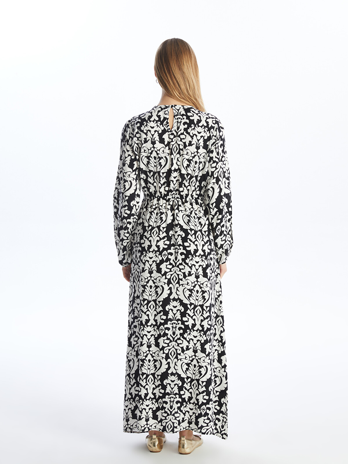 LCW Modest Crew Neck Patterned Long Sleeve Women's Dress