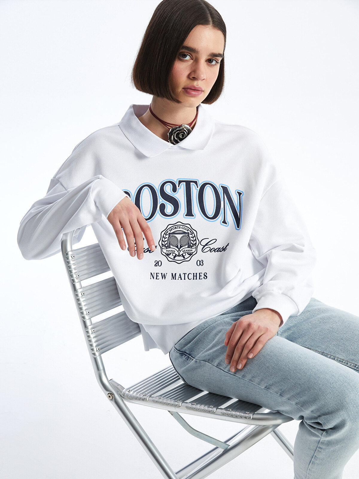 XSIDE Polo Neck Printed Oversize Women's Sweatshirt - S4HQ04Z8-R9J