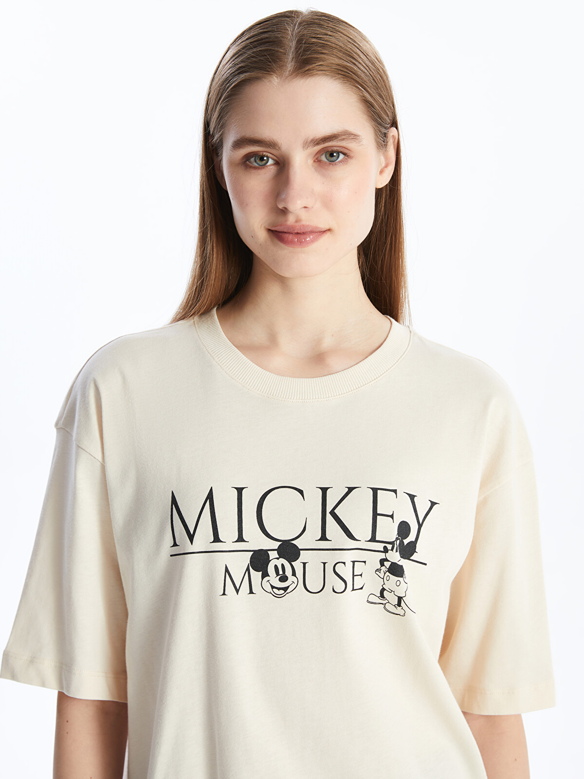 LCW Vision Crew Neck Mickey Mouse Printed Short Sleeve Oversize