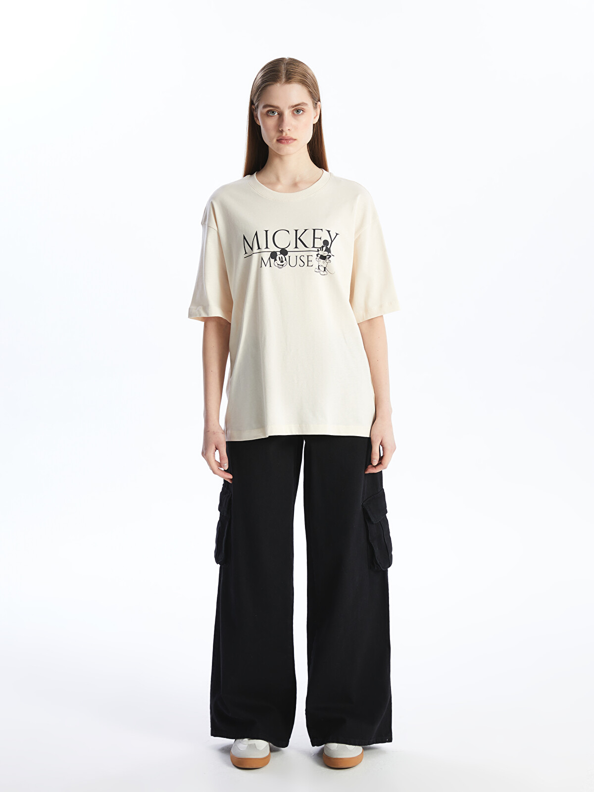 LCW Vision Crew Neck Mickey Mouse Printed Short Sleeve Oversize