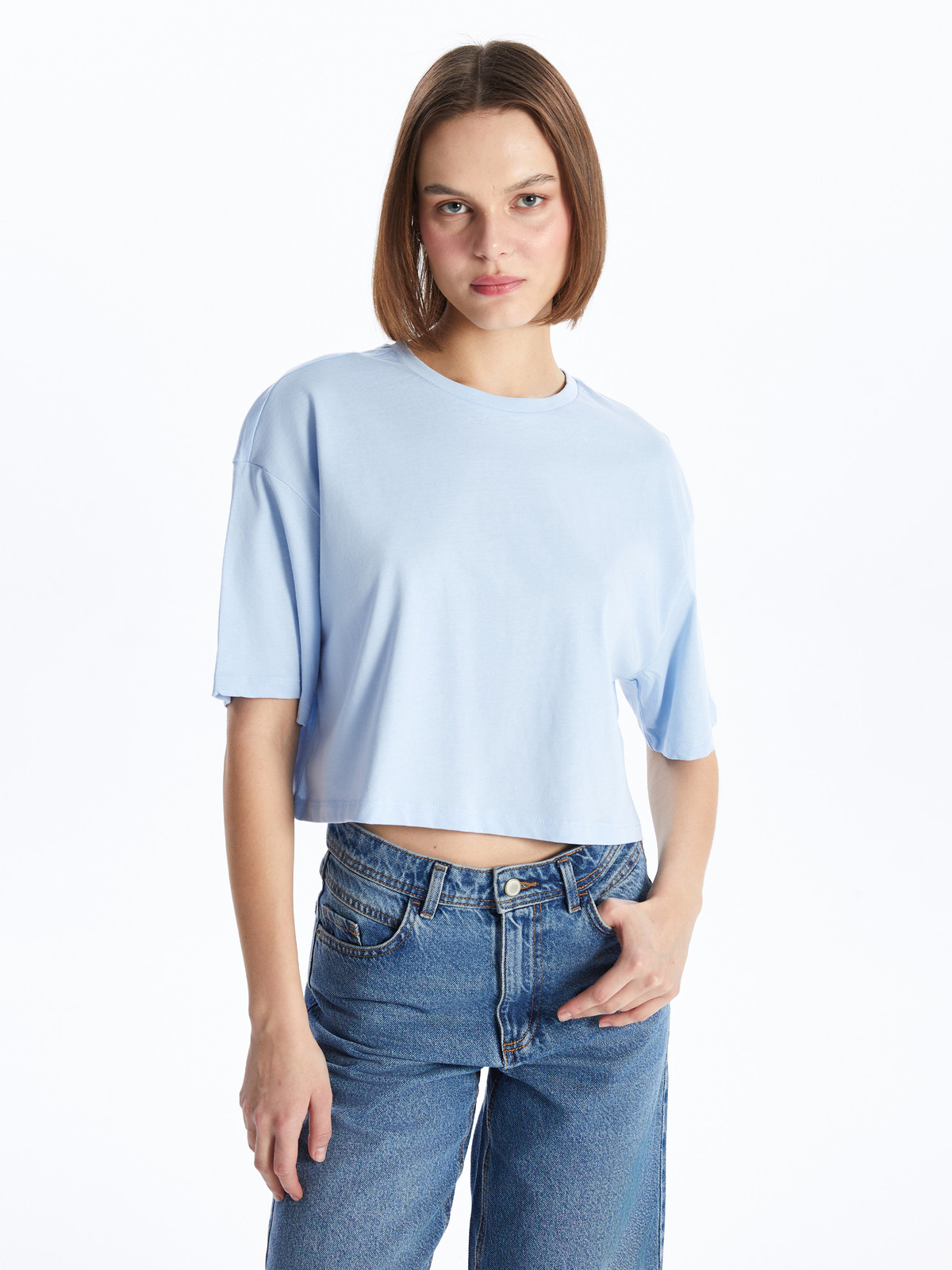 XSIDE Crew Neck Plain Short Sleeve Women's Crop - S4I929Z8-QYD
