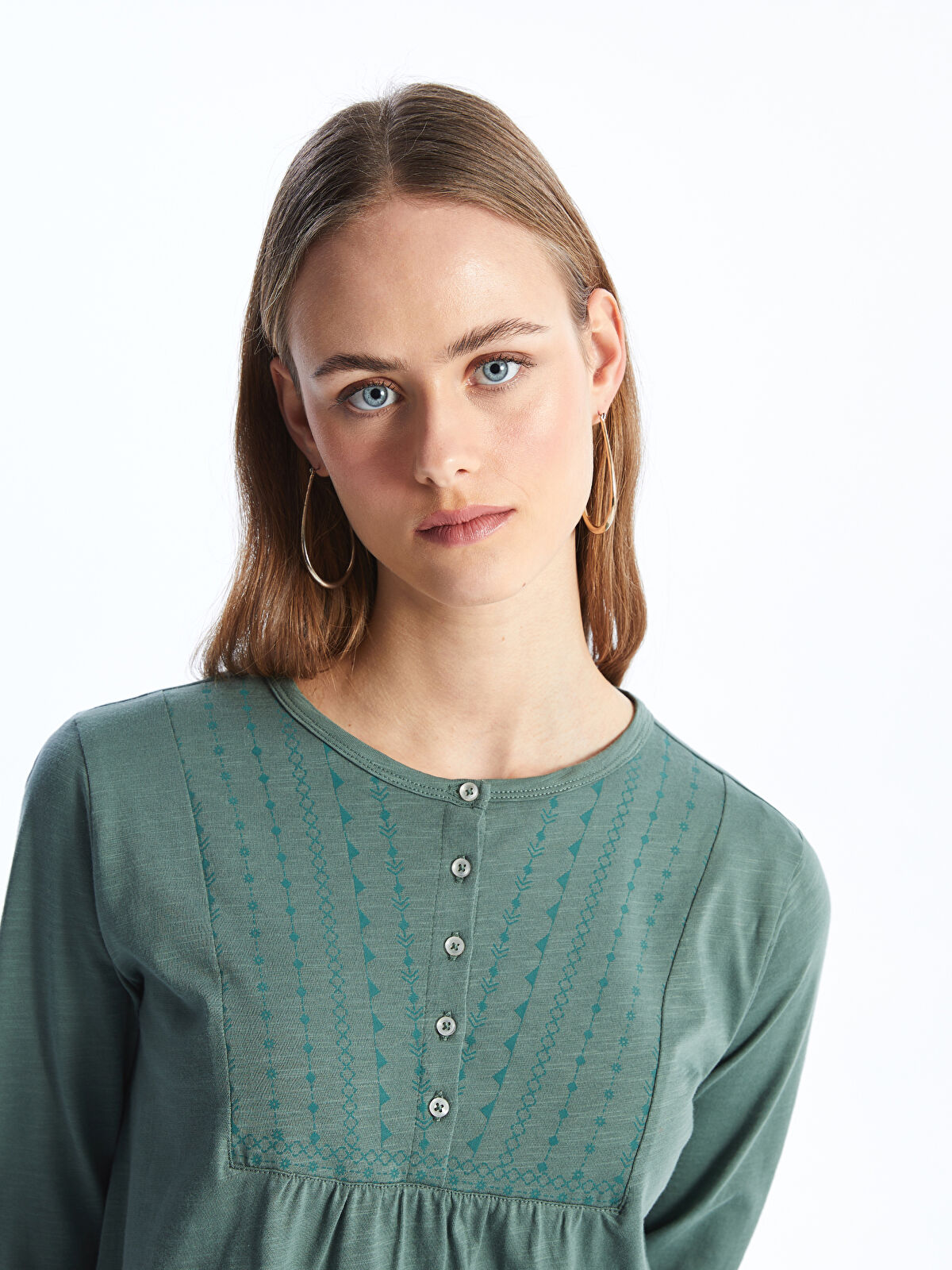 LCW Grace Yeşil Bisiklet Yaka Desenli Uzun Kollu Kadın Bluz