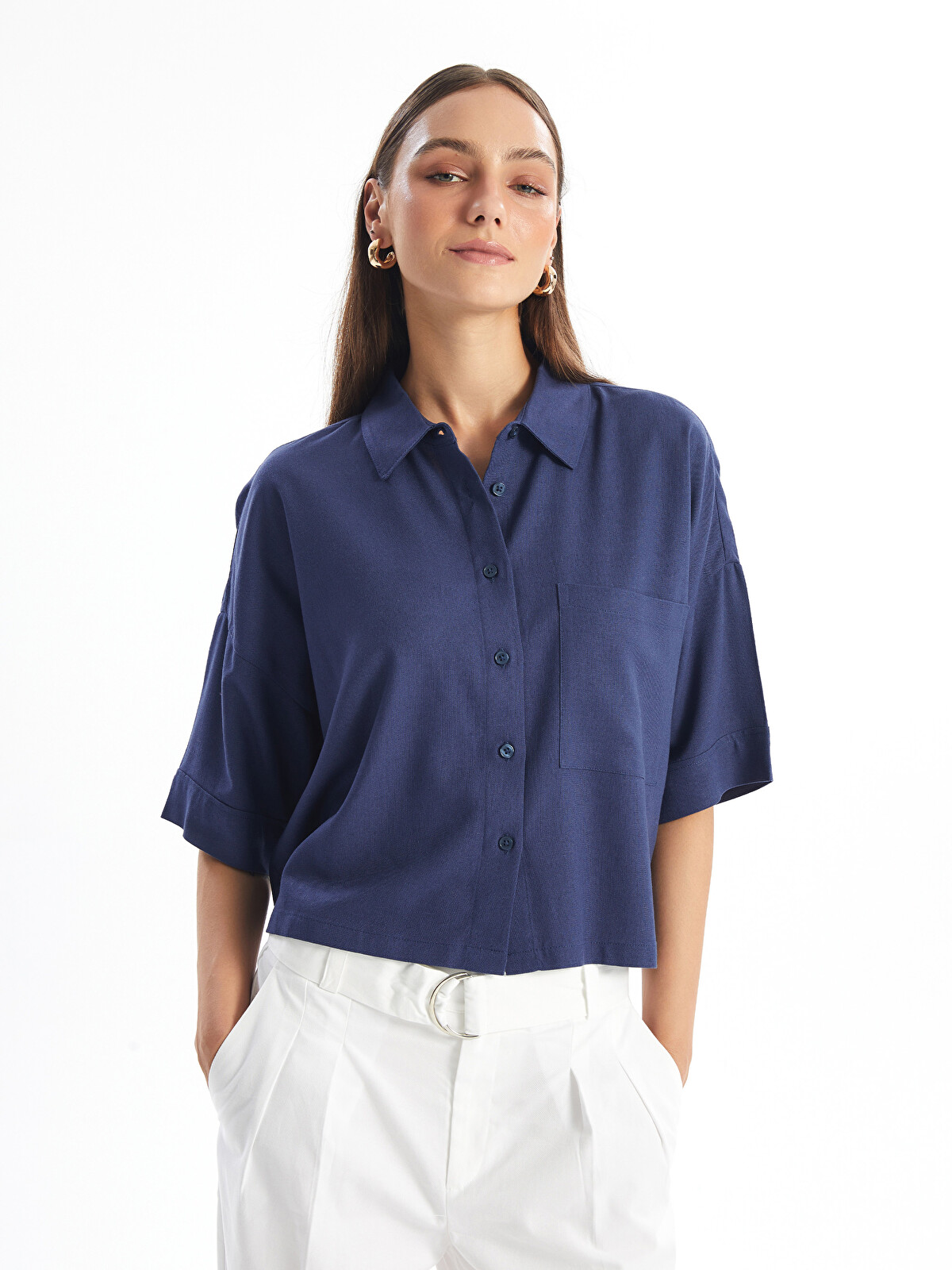 LCW Vision Plain Oversize Crop Linen Blend Women's Shirt
