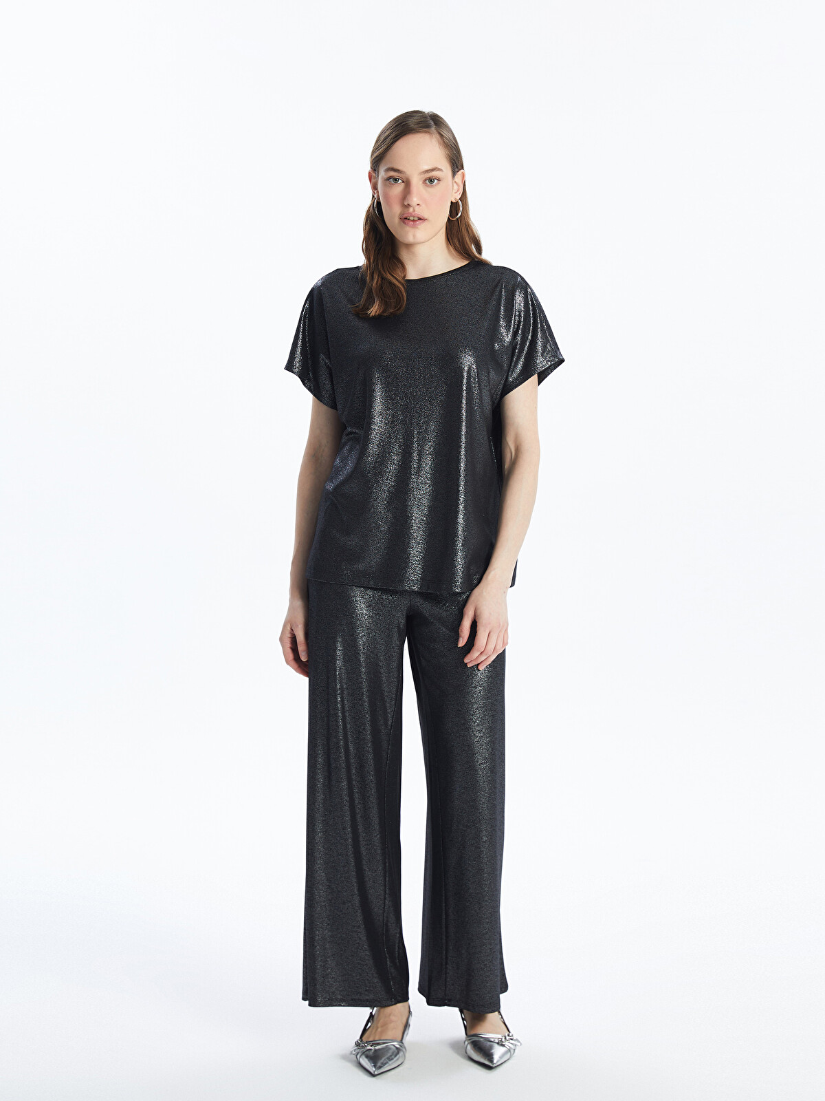 スーツ OVY W polyester pants LCWAIKIKI Classic Elastic Waist Plain Wide Leg Women's Metallic
