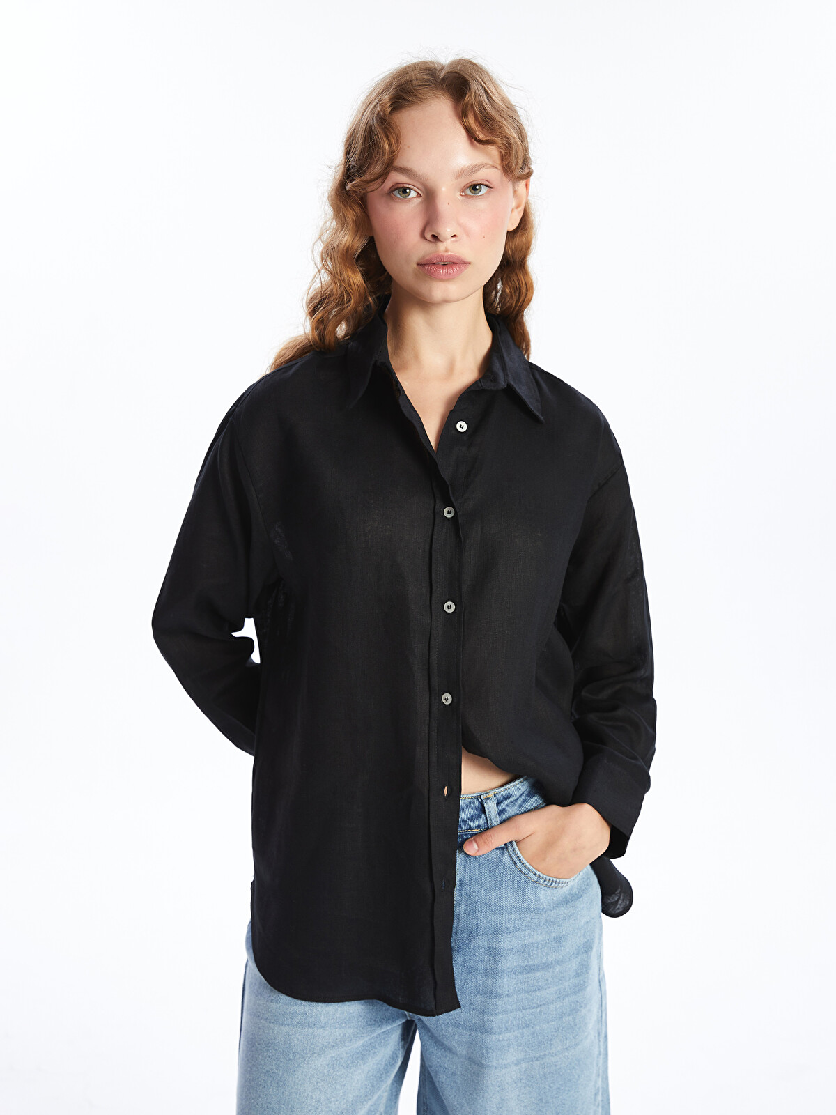 LCW Vision Siyah Oversize %100 Keten Kadın Gömlek - S4IT66Z8-CVL | LCW