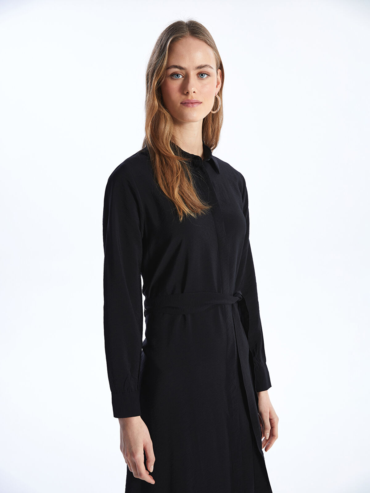 LCWAIKIKI Classic Siyah Düz Uzun Kollu Kadın Gömlek Elbise