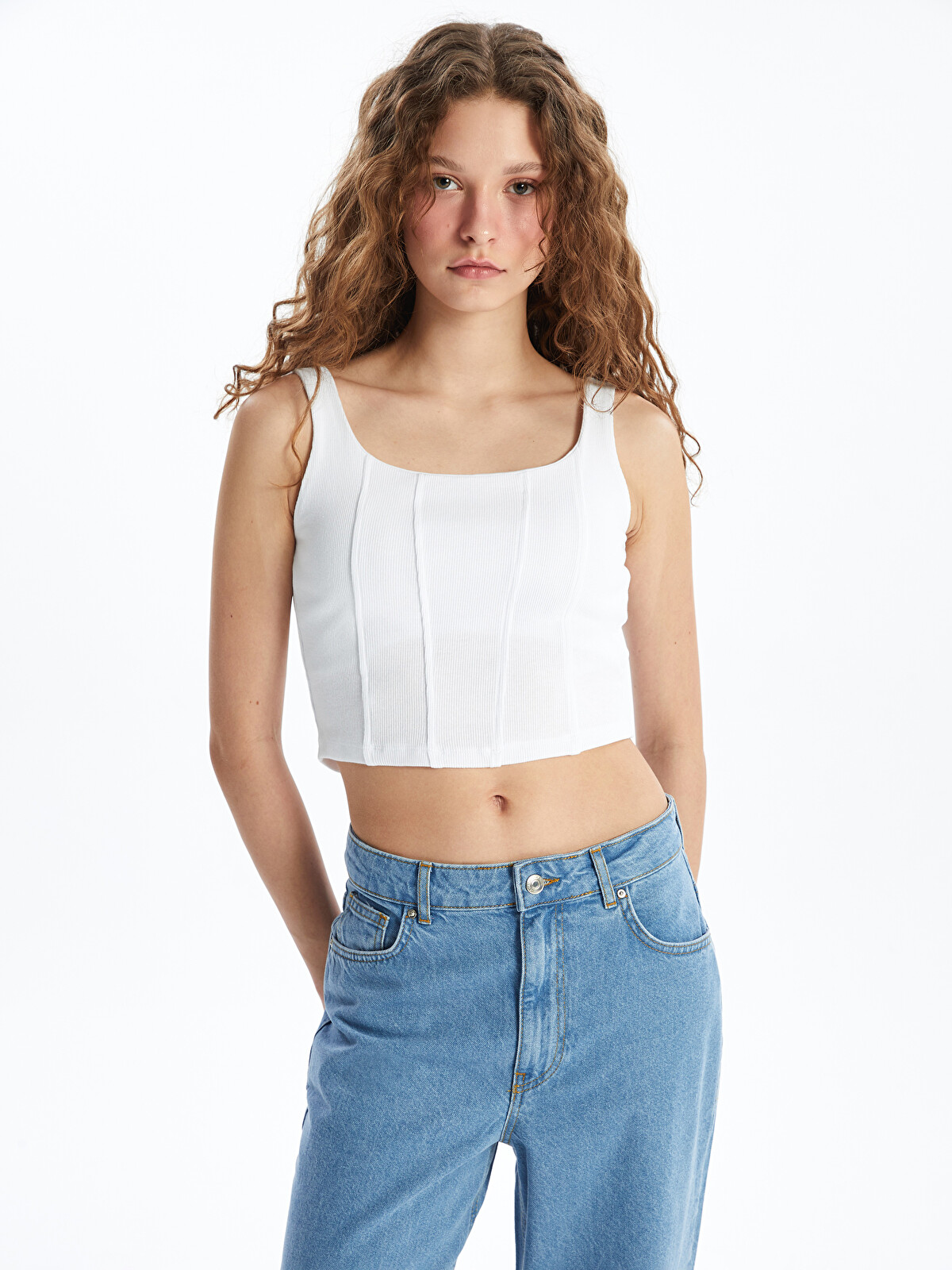 XSIDE Beyaz U Yaka Düz Askılı Kadın Crop - S4IU91Z8-Q6K | LCW