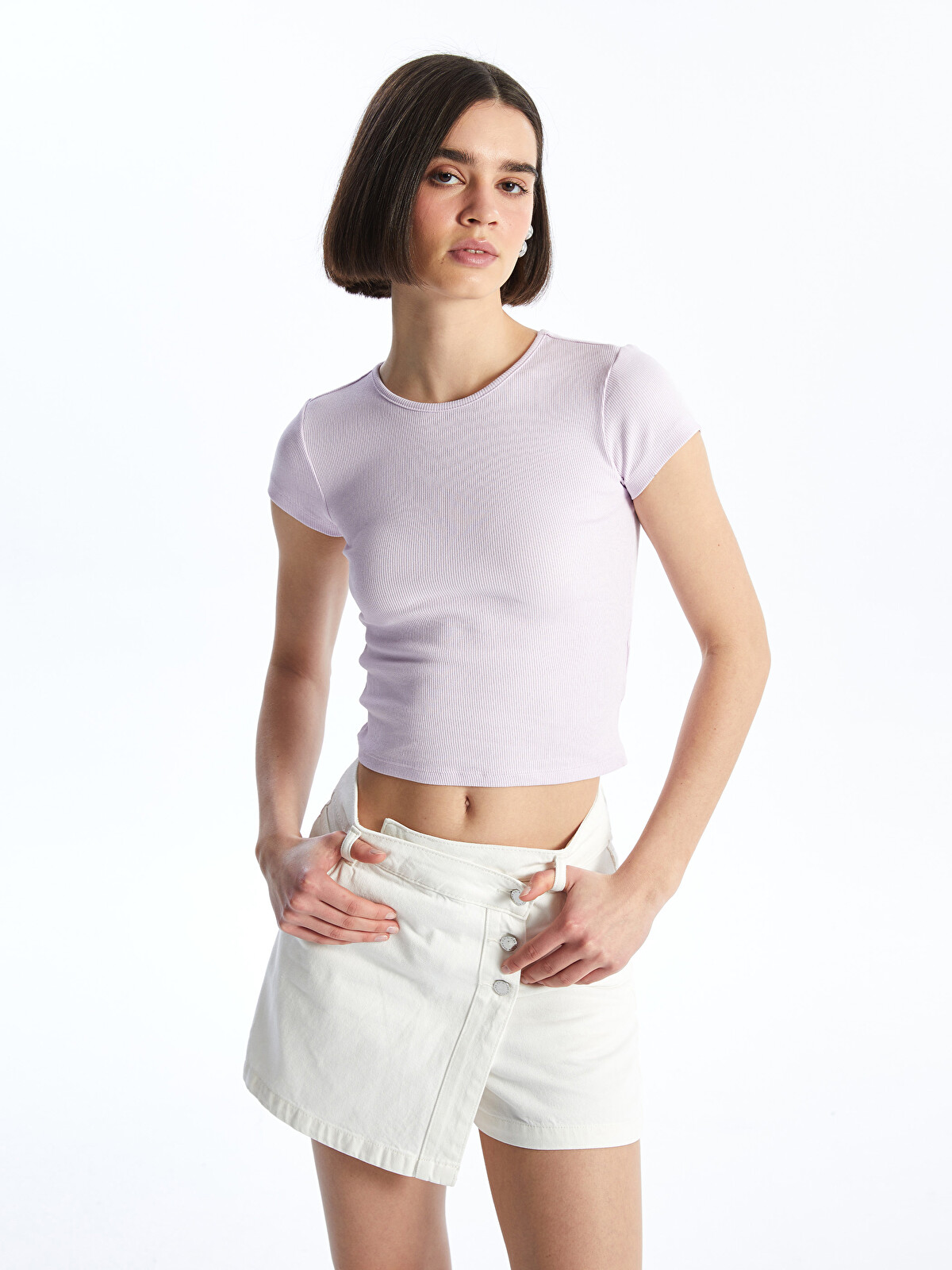 XSIDE Crew Neck Plain Short Sleeve Women's Crop T-shirt - S4IU96Z8