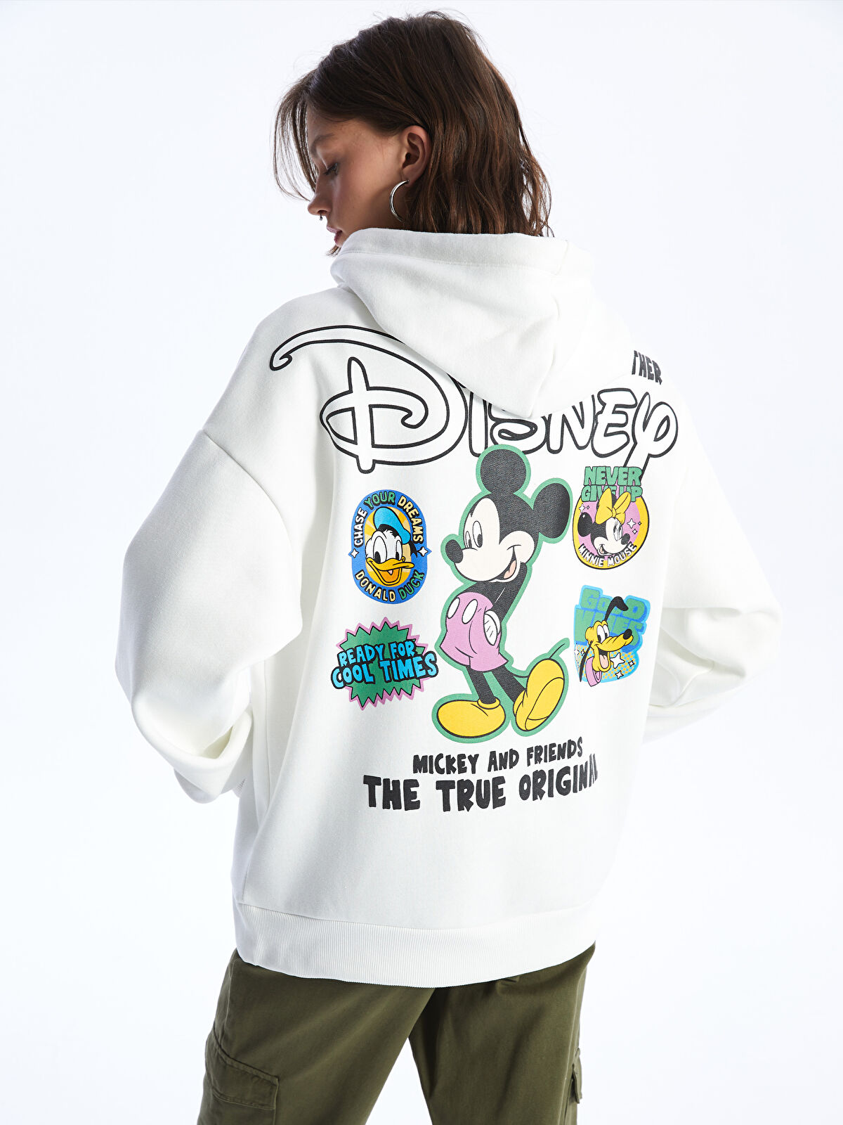 Ekru Kapüşonlu Mickey ve Arkadaşları Baskılı Uzun Kollu
