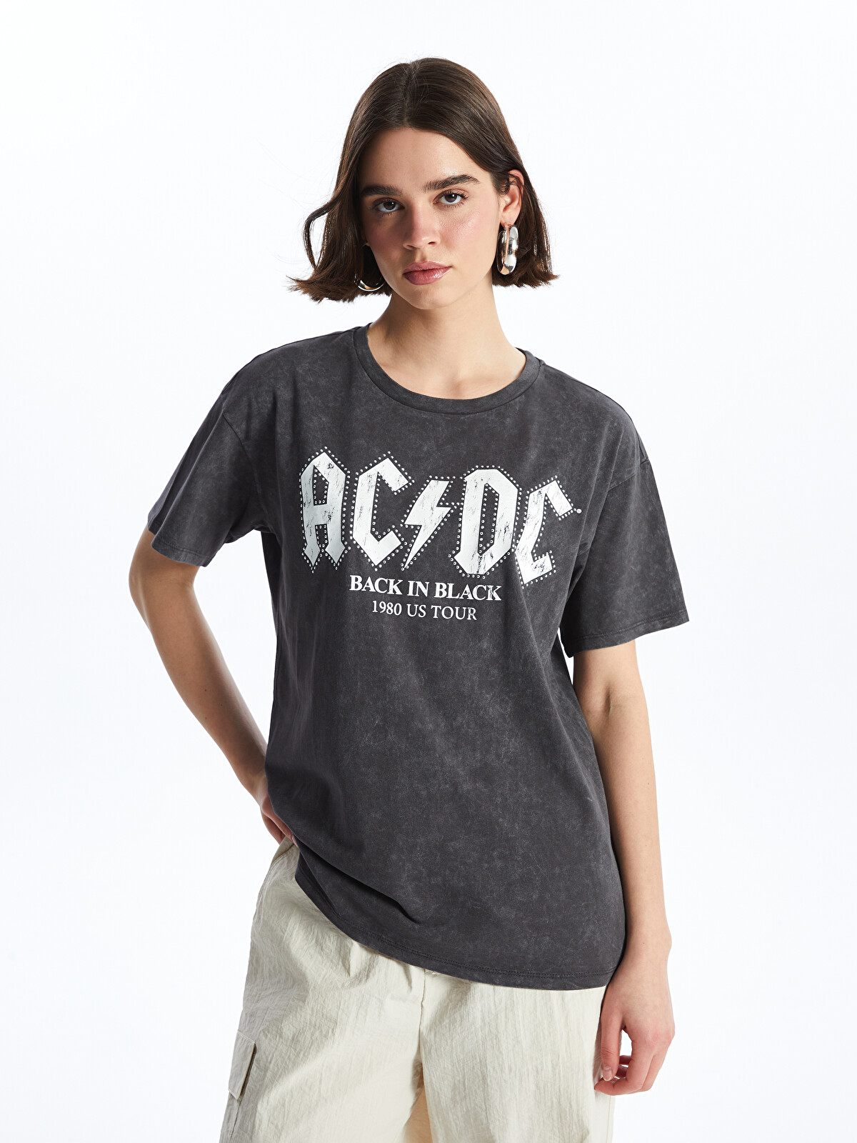 XSIDE Bisiklet Yaka AC/DC Baskılı Kısa Kollu Kadın Tişört
