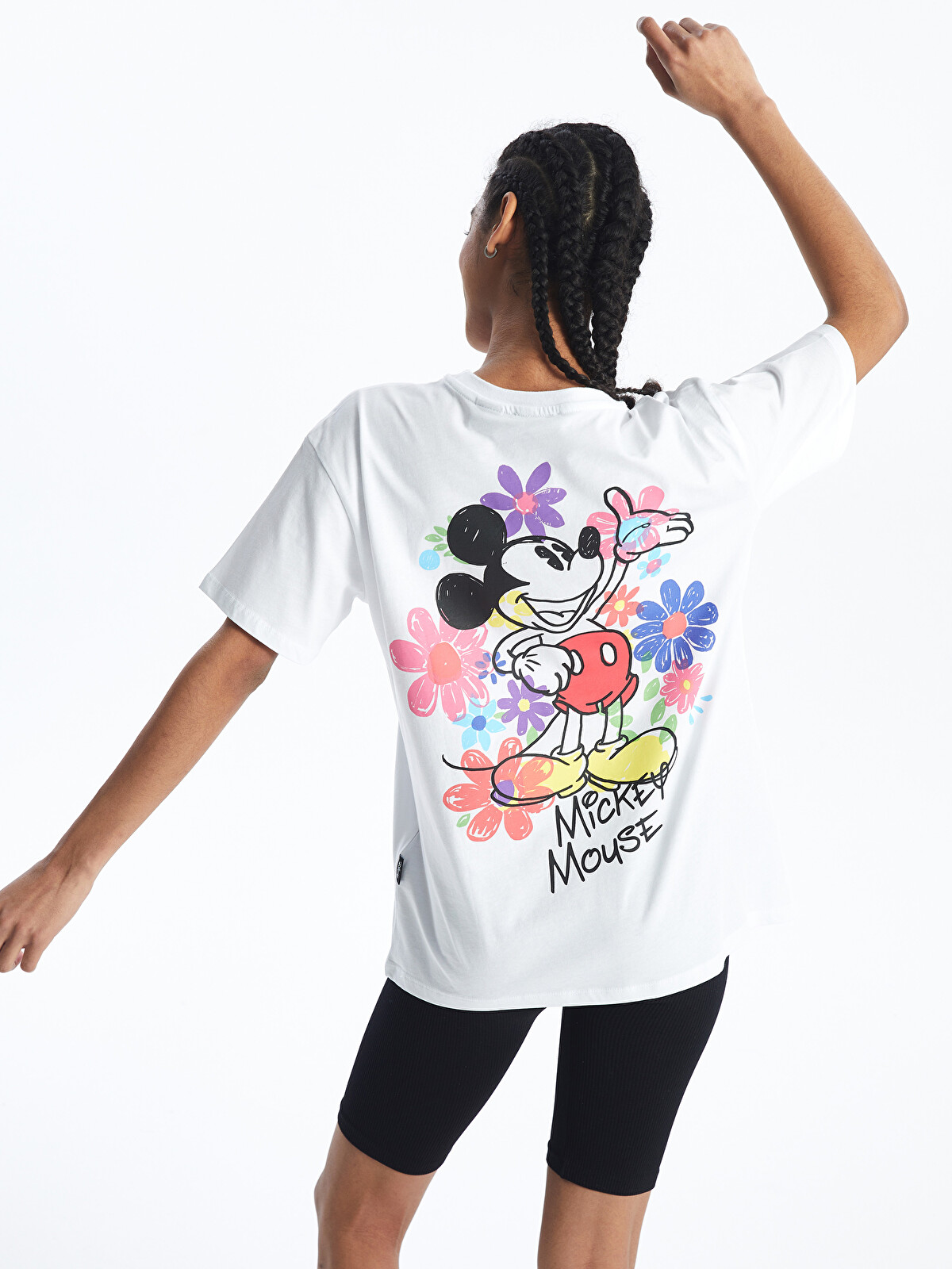 XSIDE Beyaz Bisiklet Yaka Mickey Mouse Baskılı Kısa Kollu Kadın