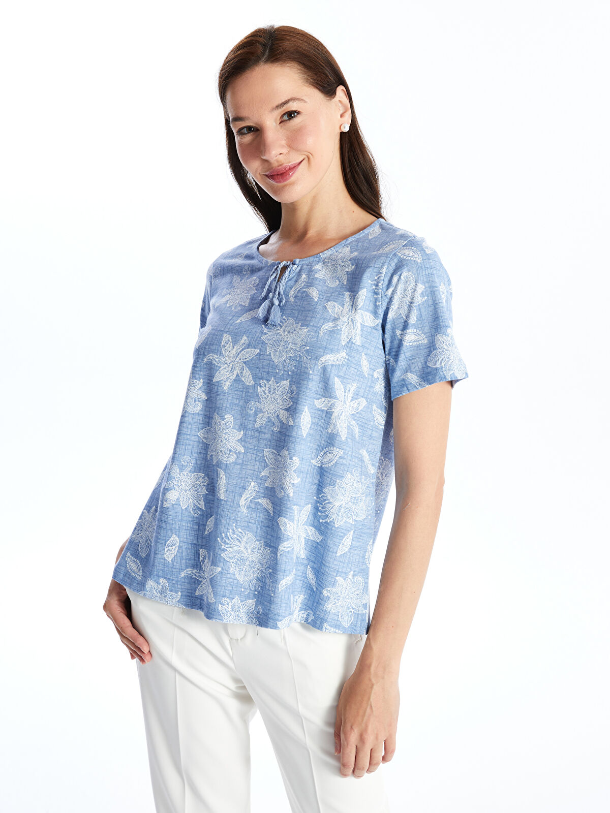 Chatomi(*∩ω∩*)SOPHIA DRAPE NECK BLOUS LCW Grace Tie Neck Patterned Short Sleeve Women's Blouse